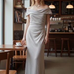 MARINA Off-Shoulder Strapless Evening Gown in Light Gray